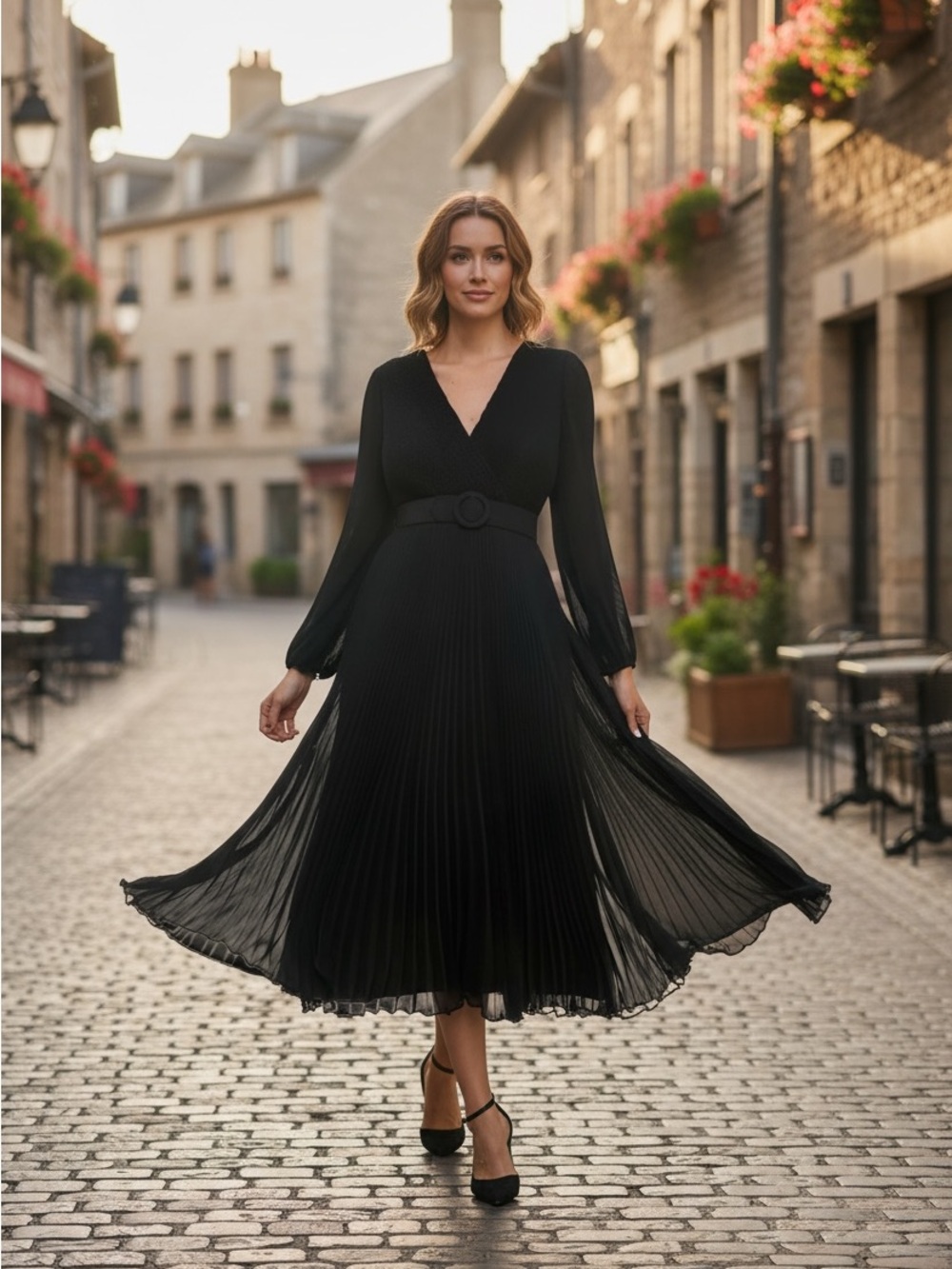 Taylor Black Pleated V-Neck Midi Chiffon Dress with Waist Belt Sz 12